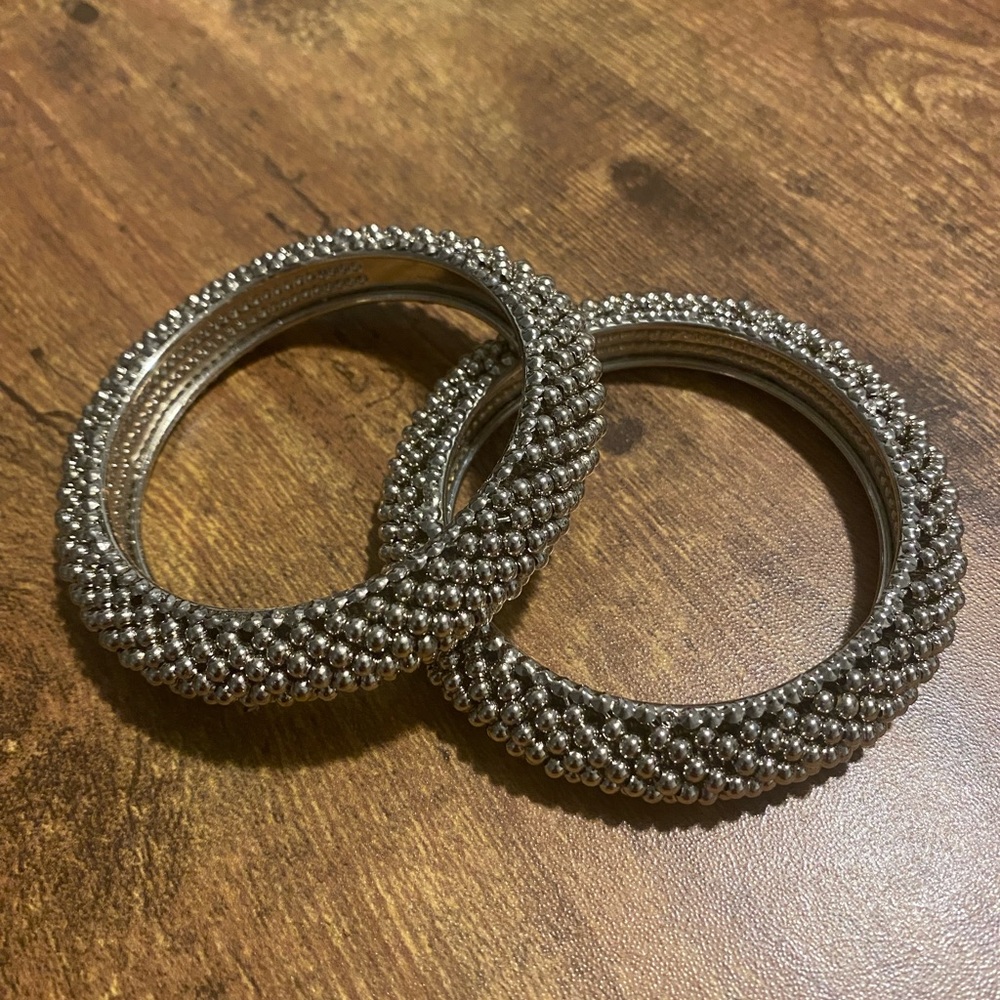 Silver Beaded Statement Bangles - Set of 2